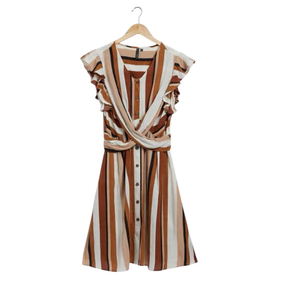 Brown and Orange Ruffled Tie Front Midi Sundress